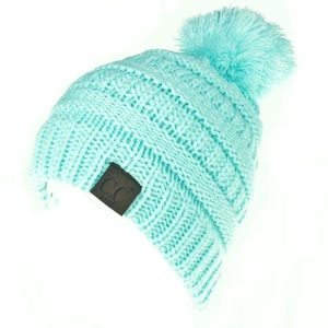 Kids Mint Green Cable Knit Pom Pom Beanie